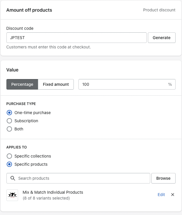 An example of a configured discount code